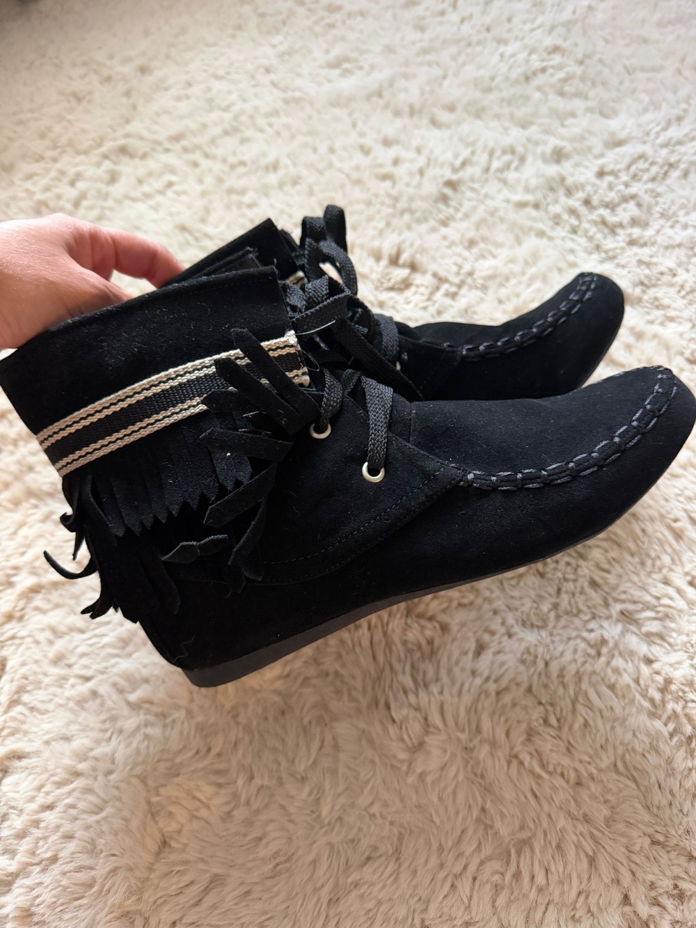 Yoki Black Lace-Up Fringe Ankle Boots with Striped Accent